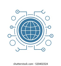 Global network flat linear long shadow icon. Globe in microchip pathways. Vector line symbol