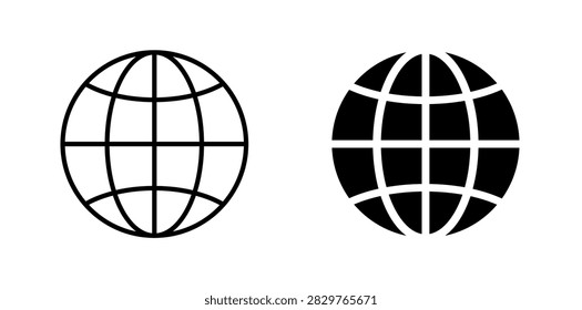 Global network globe vector icon set featuring earth planet world map symbols in line and filled styles for web UI design.
