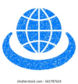 Global Network grainy textured icon for overlay watermark stamps. Flat symbol with scratched texture. Dotted vector blue ink rubber seal stamp with grunge design on a white background.
