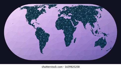 Global network. Herbert Hufnage's pseudocylindrical equal-area projection. World network map. Wired globe in Hufnagel projection on geometric low poly background. Authentic vector illustration.