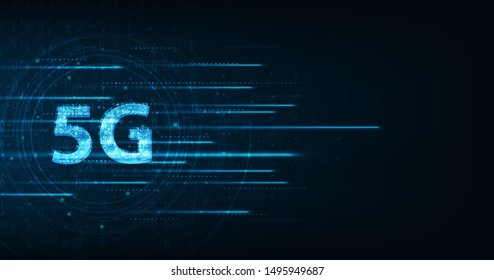 Global network high speed innovation connection data rate,vector creative glowing 5G on dark blue color background.