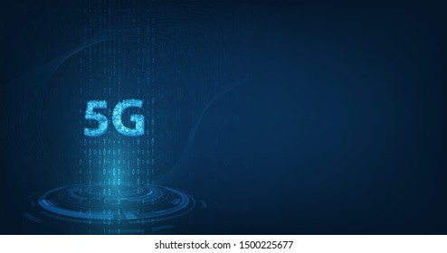 Global network high speed innovation connection data rate,vector creative glowing 5G on dark blue color background.