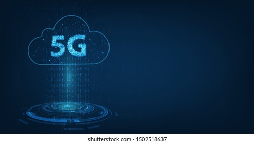 Global network high speed innovation connection data rate,vector creative glowing 5G on dark blue color background.