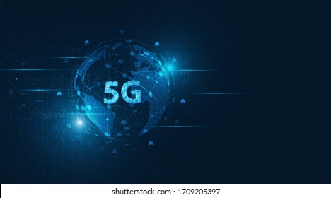Velocidad de datos de conexión de innovación de alta velocidad en red global, creativa vectorial que brilla 5G sobre fondo de color azul oscuro.