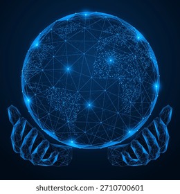 A global network holding company. Two hands gently holding a digital globe. The concept of globalization, network security and technological progress. Polygonal design, blue background.