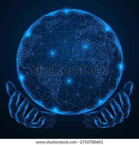 A global network holding company. Two hands gently holding a digital globe. The concept of globalization, network security and technological progress. Polygonal design, blue background.