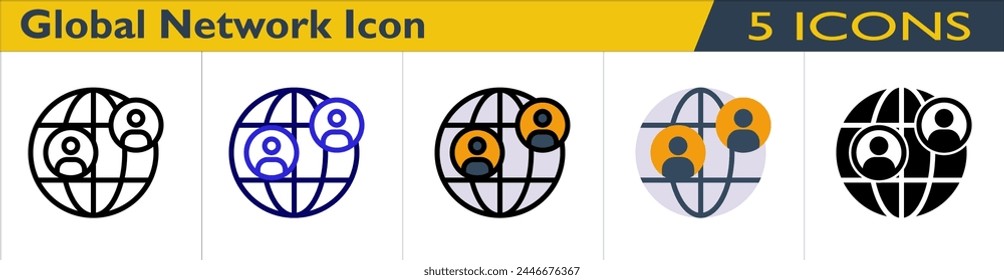 Global Network icon with 5 styles (outline, color outline, color lineal, color and solid)
