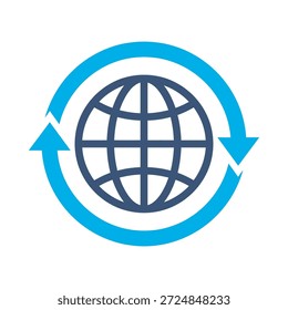 Global network icon blue flat vector design globe arrows symbol world connection logistics cycle graphic element sign