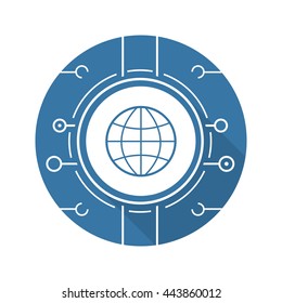 Global network icon. Drop shadow silhouette symbol. Globe in microchip pathways. Vector isolated illustration