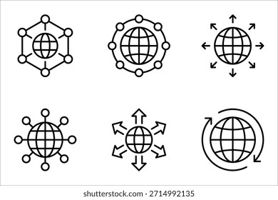 Globaler Netzwerk-Symbolsatz. Globale Verbindungen, Erweiterungssymbol. Vektorgrafik auf weißem Hintergrund