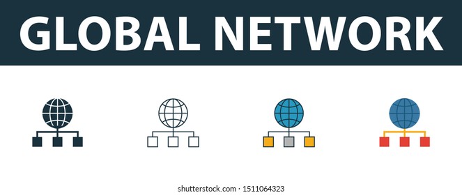 Global Network icon set. Four elements in diferent styles from web development icons collection. Creative global network icons filled, outline, colored and flat symbols.