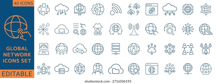 Conjunto de iconos de Red global. Colección de iconos de contorno. Totalmente Editable. Ilustración vectorial.