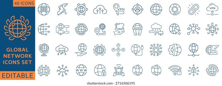 Conjunto de iconos de Red global. Colección de iconos de contorno. Totalmente Editable. Ilustración vectorial.