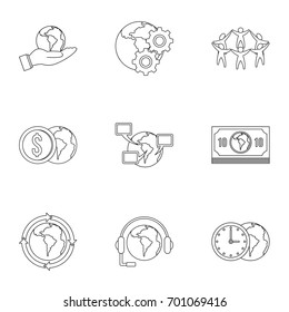 Global network icon set. Outline set of 9 global network vector icons for web isolated on white background