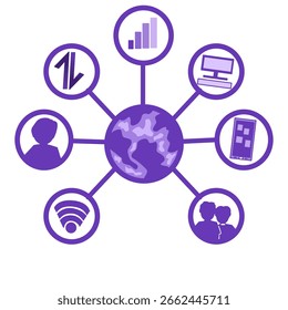 Ícone de rede global com estilo roxo mostrando várias conexões digitais