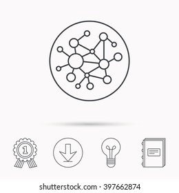 Global Network Icon. Social Connections Sign. Download Arrow, Lamp, Learn Book And Award Medal Icons.