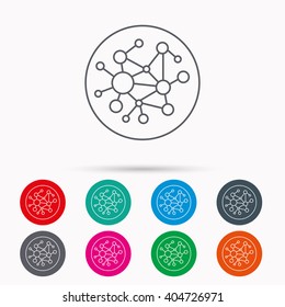 Global network icon. Social connections sign. Linear icons in circles on white background.