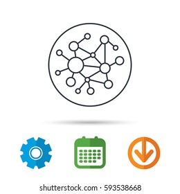 Global network icon. Social connections sign. Calendar, cogwheel and download arrow signs. Colored flat web icons. Vector