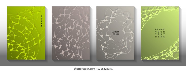 Global network idea abstract vector covers. Curly waves geometry backdrops. Openwork cover vector layouts. Hi tech cover pages graphic design set.