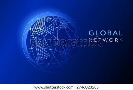 Global network illustration. Technology digital 3D globe Design. Digital earth map background. Connection data concept template on blue background.