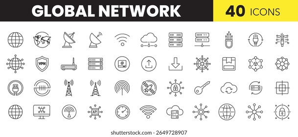 Infraestrutura de Rede Global - Conjunto de Ícones de Linha Simples