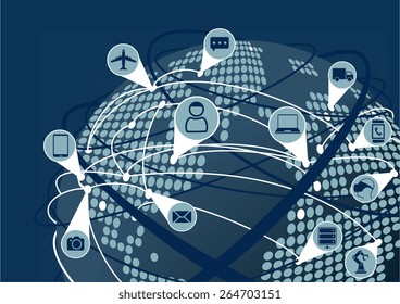 Global network of Internet of Things (IoT) as vector illustration. Earth with globe and dotted map and line connections between devices.