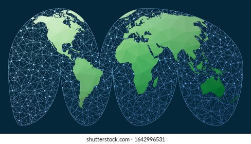 Red global. Interrupción de la proyección de Mollweide. Mapa verde del mundo con fondo de red. Auténticas conexiones mapean para infografías o presentaciones. Ilustración vectorial.