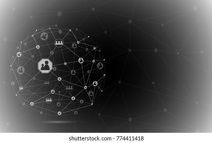 Global network isolated on black background. For web site, wallpaper, poster, placard, ad, cover and print materials. Creative art, modern abstract concept