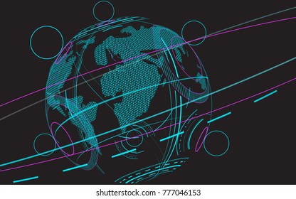 Global network isolated on black background. For web site, poster, placard, wallpaper and backdrop. Modern concept design, vector illustration