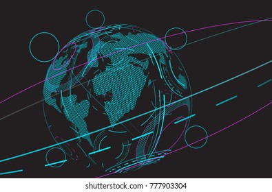 Global network isolated on black background. For web site, poster, placard, wallpaper and backdrop. Modern concept design, vector illustration