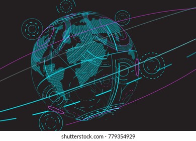 Global network isolated on black background. For web site, poster, placard, wallpaper and backdrop. Modern concept design, vector illustration