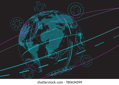 Global network isolated on black background. For web site, poster, placard, wallpaper and backdrop. Modern concept design, vector illustration
