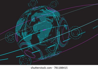 Global network isolated on black background. For web site, poster, placard, wallpaper and backdrop. Modern concept design, vector illustration
