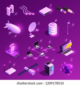 Global network isometric glowing icons of equipment for internet technology isolated on purple background vector illustration