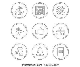 Global network, like and conversation icons. Book, bell and direction arrows linear signs. Save nature, maze and hierarchy icons. Linear Circles web buttons with icons. Vector
