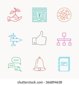 Global network, like and conversation icons. Book, bell and direction arrows linear signs. Save nature, maze and hierarchy icons. Linear colored icons.