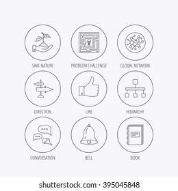 Global network, like and conversation icons. Book, bell and direction arrows linear signs. Save nature, maze and hierarchy icons. Linear colored in circle edge icons.