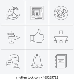 Global network, like and conversation icons. Book, bell and direction arrows linear signs. Save nature, maze and hierarchy icons. Linear icons on white background. Vector