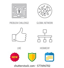 Global network, like and hierarchy icons. Maze linear sign. Shield protection, calendar and new tag web icons. Vector