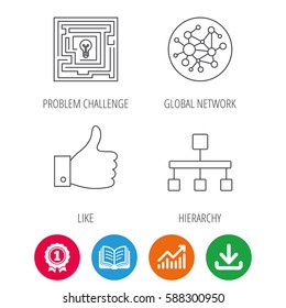 Global network, like and hierarchy icons. Maze linear sign. Award medal, growth chart and opened book web icons. Download arrow. Vector