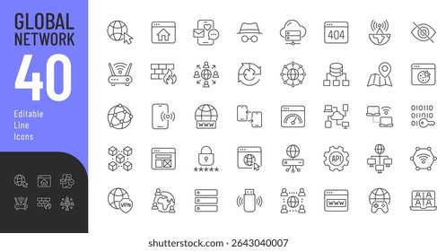 
Global Network Line Editable Icons set. Vector illustration in modern thin line style of technology related icons: cyberspace, internet, computing, and more. Isolated on transparent background.
 - Powered by Shutterstock - Get 15% off with code: PIKWIZARD15
