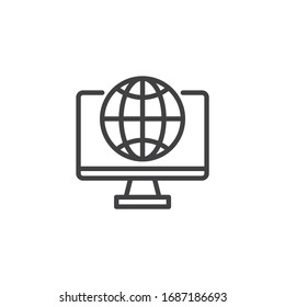 Icono de línea de red global. Signo de estilo lineal del navegador de Internet para el concepto móvil y el diseño web. Icono vectorial de contorno de la pantalla del equipo y del contorno del globo. Símbolo, ilustración del logotipo. Gráficos vectoriales