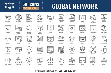 Conjunto de iconos de línea de red global. Trazo editable. Ilustración vectorial 