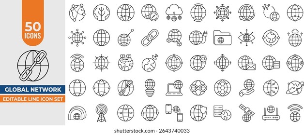 Global Network Line Icon Set – Editable Vector Icons for Connectivity, Worldwide Web and Communication. Editable Stroke. Vector illustration.