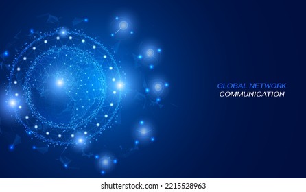 Global network low poly design communication. Technology social media wireframe icon connection. Blue cyber space with earth vector background.