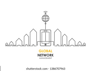 Global network management logo design. Modern techgology. Flat linear design. Vector illustration