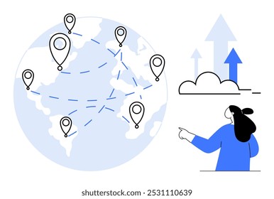 Un mapa de red global con marcadores de ubicación dispersos por continentes que apuntan a la nube de personas que contienen flechas hacia arriba. Ideal para el crecimiento tecnológico de la computación en la nube de conectividad global digital