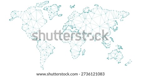 Global network map of the world in abstract digital plexus style, light green lines and dots