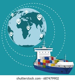 Global network of maritime shipping and commercial transportation. International worldwide logistic company vector illustration..