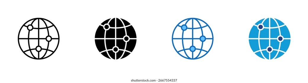 Global Network Multiple Style Icon Vector Design - globe with connected dots symbolizing worldwide communication and connectivity